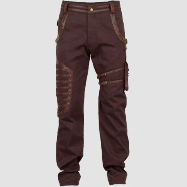 Mens brown steampunk pants with utility strap detailing, decorative hardware, and Victorian-inspired alternative fashion styling