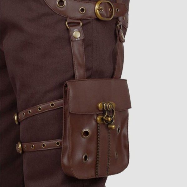 Mens brown steampunk pants with utility strap detailing, decorative hardware, and Victorian-inspired alternative fashion styling