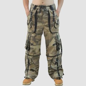 Mens camo techwear cargo pants with utility pockets, adjustable straps, and baggy streetwear fit