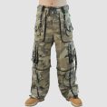 Mens camo techwear cargo pants with utility pockets, adjustable straps, and baggy streetwear fit