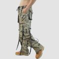 Mens camo techwear cargo pants with utility pockets, adjustable straps, and baggy streetwear fit