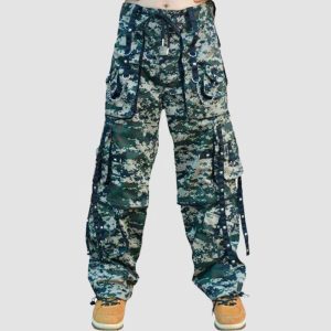 Green camo techwear pants with cargo pockets, utility straps, chain details, and relaxed streetwear styling
