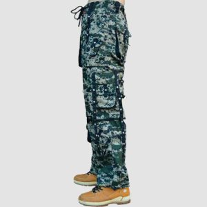 Green camo techwear pants with cargo pockets, utility straps, chain details, and relaxed streetwear styling