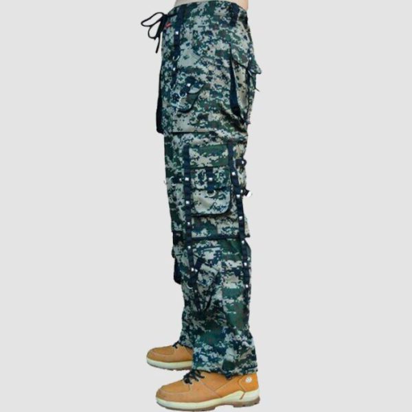 Green Camo Techwear Pants Green camo techwear pants with cargo pockets, utility straps, chain details, and relaxed streetwear styling