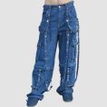 Mens techwear denim cargo pants featuring utility pockets, adjustable straps, D-ring hardware, and premium blue denim styling