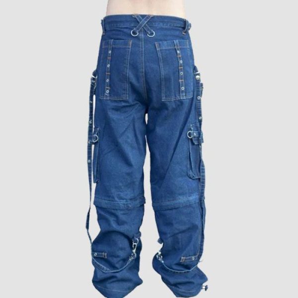 Mens techwear denim cargo pants featuring utility pockets, adjustable straps, D-ring hardware, and premium blue denim styling