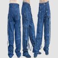 Mens techwear denim cargo pants featuring utility pockets, adjustable straps, D-ring hardware, and premium blue denim styling