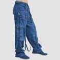 Mens techwear denim cargo pants featuring utility pockets, adjustable straps, D-ring hardware, and premium blue denim styling