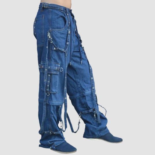 Mens techwear denim cargo pants featuring utility pockets, adjustable straps, D-ring hardware, and premium blue denim styling
