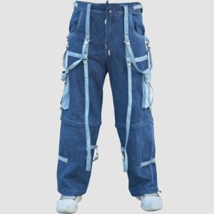 Mens blue gothic cargo jeans featuring utility cargo pockets, premium blue denim construction, and wide leg streetwear styling