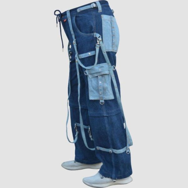 Mens blue gothic cargo jeans featuring utility cargo pockets, premium blue denim construction, and wide leg streetwear styling