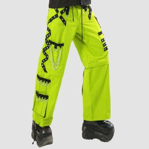 Neon green cyber goth pant with chains, metal rings, straps, and alternative streetwear styling