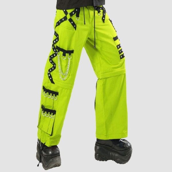 Neon green cyber goth pant with chains, metal rings, straps, and alternative streetwear styling