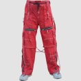 Mens red gothic cargo pants featuring utility pockets, zipper accents, adjustable straps, and alternative darkwear styling