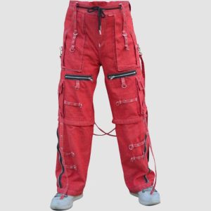 Mens red gothic cargo pants featuring utility pockets, zipper accents, adjustable straps, and alternative darkwear styling