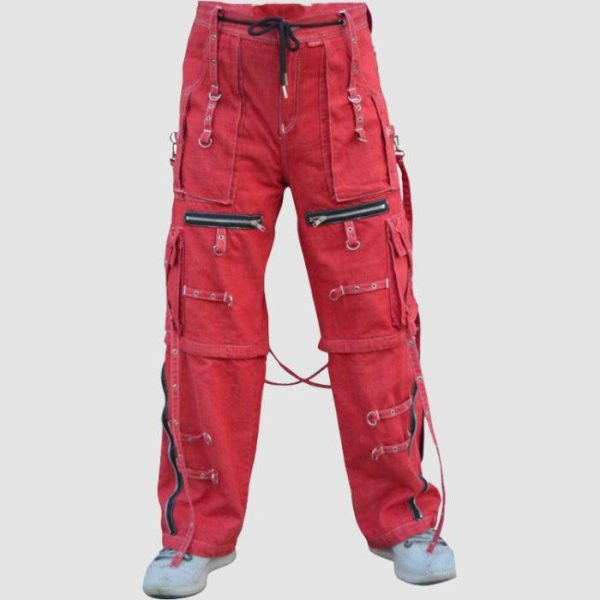 Mens red gothic cargo pants featuring utility pockets, zipper accents, adjustable straps, and alternative darkwear styling