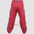 Mens red gothic cargo pants featuring utility pockets, zipper accents, adjustable straps, and alternative darkwear styling
