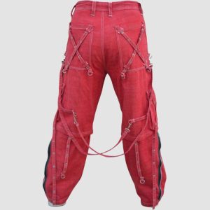 Mens Red Gothic Cargo Pants Mens red gothic cargo pants featuring utility pockets, zipper accents, adjustable straps, and alternative darkwear styling