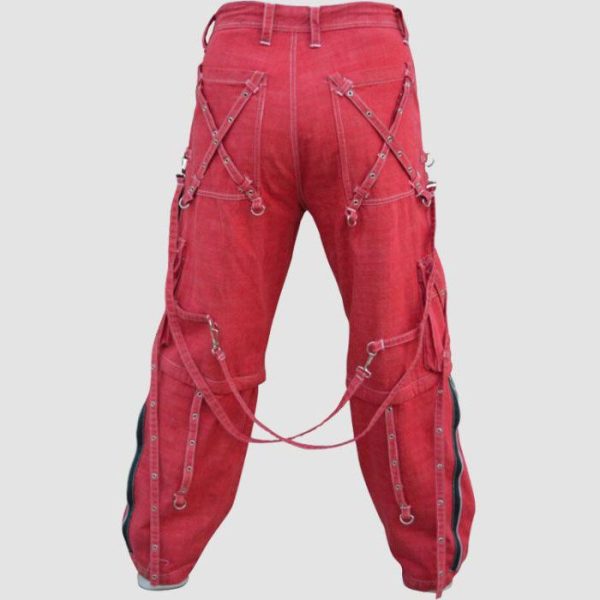 Mens red gothic cargo pants featuring utility pockets, zipper accents, adjustable straps, and alternative darkwear styling