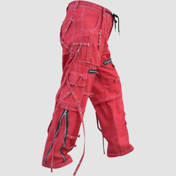 Mens red gothic cargo pants featuring utility pockets, zipper accents, adjustable straps, and alternative darkwear styling