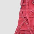 Mens red gothic cargo pants featuring utility pockets, zipper accents, adjustable straps, and alternative darkwear styling