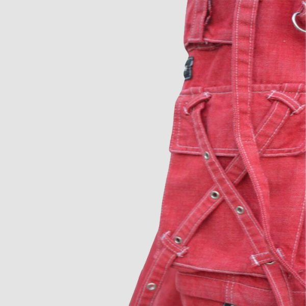 Mens red gothic cargo pants featuring utility pockets, zipper accents, adjustable straps, and alternative darkwear styling