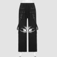Mens tribal gothic cargo pants in black featuring white tribal graphic artwork, utility cargo pockets, wide-leg fit, and metal ring details