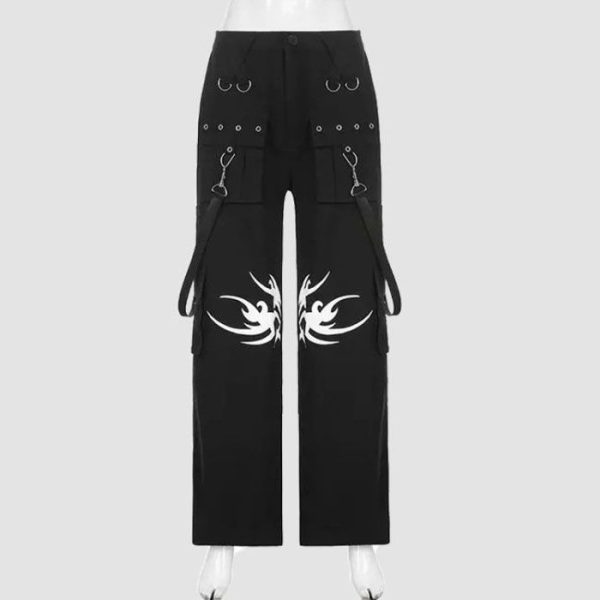 Mens tribal gothic cargo pants in black featuring white tribal graphic artwork, utility cargo pockets, wide-leg fit, and metal ring details