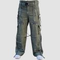 Mens olive goth cargo pants featuring utility pockets, zipper details, adjustable straps, and alternative fashion styling