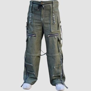 Mens olive goth cargo pants featuring utility pockets, zipper details, adjustable straps, and alternative fashion styling