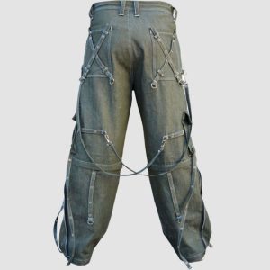 Mens olive goth cargo pants featuring utility pockets, zipper details, adjustable straps, and alternative fashion styling