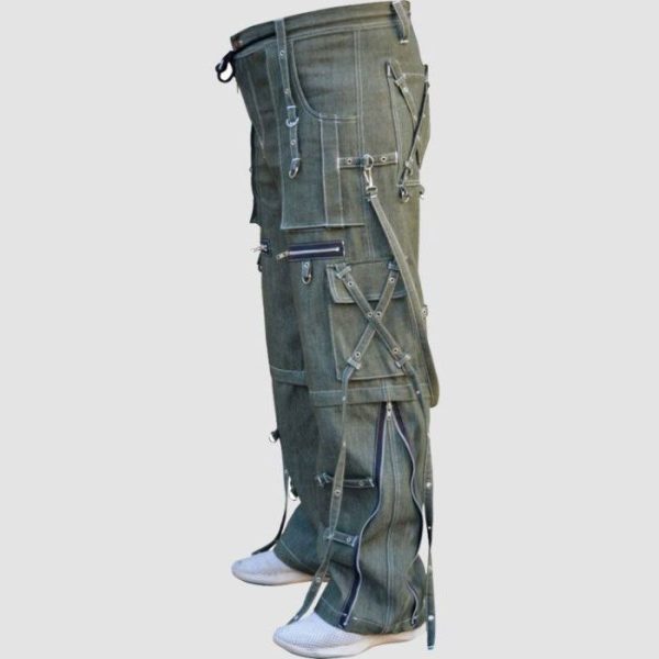 Mens olive goth cargo pants featuring utility pockets, zipper details, adjustable straps, and alternative fashion styling