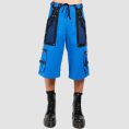 Mens blue cyber goth pants featuring utility cargo pockets, industrial hardware details, and futuristic streetwear styling