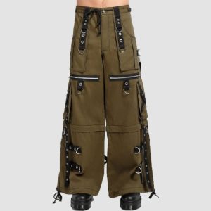 Mens techwear cargo pants in olive green featuring utility cargo pockets, industrial hardware details, and a relaxed wide-leg streetwear fit.