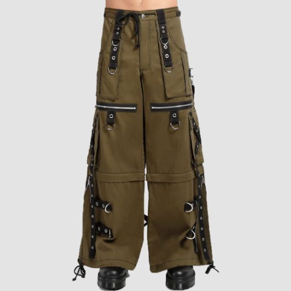 Mens Techwear Cargo Pants Mens techwear cargo pants in olive green featuring utility cargo pockets, industrial hardware details, and a relaxed wide-leg streetwear fit.