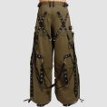 Mens techwear cargo pants in olive green featuring utility cargo pockets, industrial hardware details, and a relaxed wide-leg streetwear fit.