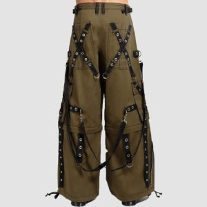 Mens Techwear Cargo Pants Mens techwear cargo pants in olive green featuring utility cargo pockets, industrial hardware details, and a relaxed wide-leg streetwear fit.