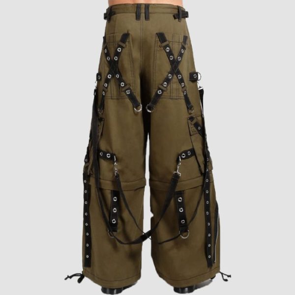 Mens Techwear Cargo Pants Mens techwear cargo pants in olive green featuring utility cargo pockets, industrial hardware details, and a relaxed wide-leg streetwear fit.