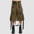 Mens techwear cargo pants in olive green featuring utility cargo pockets, industrial hardware details, and a relaxed wide-leg streetwear fit.