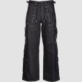 Mens gothic wide leg pants featuring adjustable straps, D-ring hardware, cargo pockets, and black alternative fashion styling