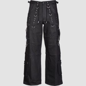 Mens gothic wide leg pants featuring adjustable straps, D-ring hardware, cargo pockets, and black alternative fashion styling