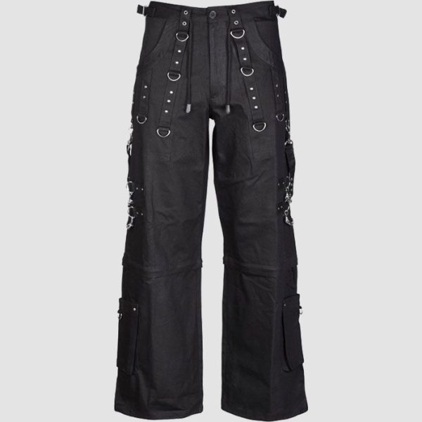 Mens gothic wide leg pants featuring adjustable straps, D-ring hardware, cargo pockets, and black alternative fashion styling