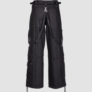 Mens Gothic Wide Leg Pants Mens gothic wide leg pants featuring adjustable straps, D-ring hardware, cargo pockets, and black alternative fashion styling