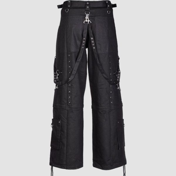 Mens gothic wide leg pants featuring adjustable straps, D-ring hardware, cargo pockets, and black alternative fashion styling