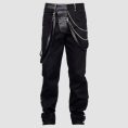 Mens steampunk gothic pants in black featuring decorative chains, buckle accents, and Victorian-inspired alternative fashion styling.