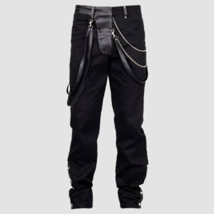 Mens steampunk gothic pants in black featuring decorative chains, buckle accents, and Victorian-inspired alternative fashion styling.