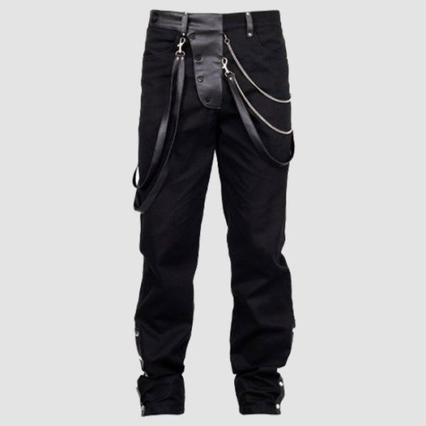 Mens steampunk gothic pants in black featuring decorative chains, buckle accents, and Victorian-inspired alternative fashion styling.