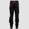 Mens steampunk gothic pants in black featuring decorative chains, buckle accents, and Victorian-inspired alternative fashion styling.