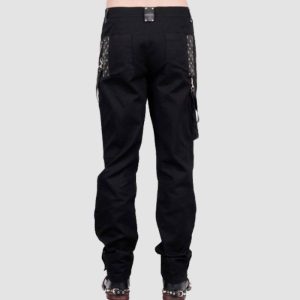 Mens Steampunk Gothic Pants Mens steampunk gothic pants in black featuring decorative chains, buckle accents, and Victorian-inspired alternative fashion styling.