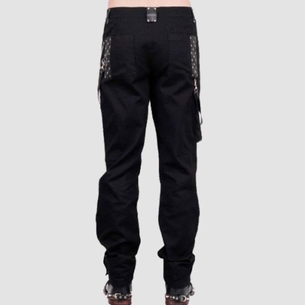 Mens steampunk gothic pants in black featuring decorative chains, buckle accents, and Victorian-inspired alternative fashion styling.